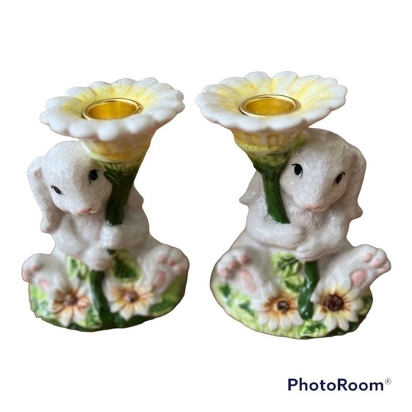 Other - Hand painted Spring White Bunny Ceramic Candle holder Easter Bunny Crackle Paint